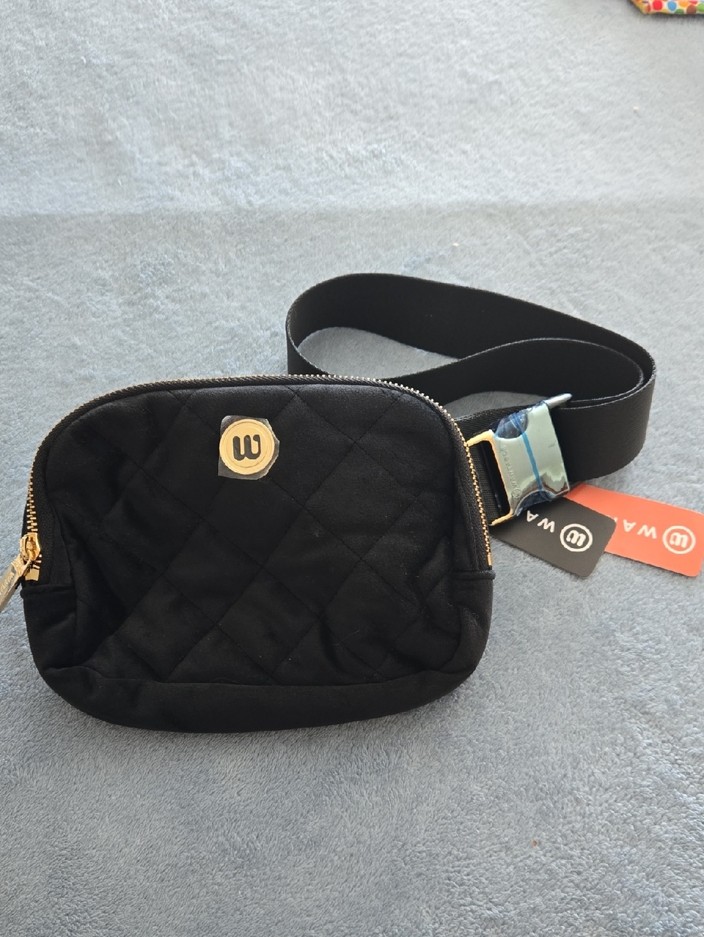 Wantable Black Quilted Crossbody Belt Bag with Gold Hardware